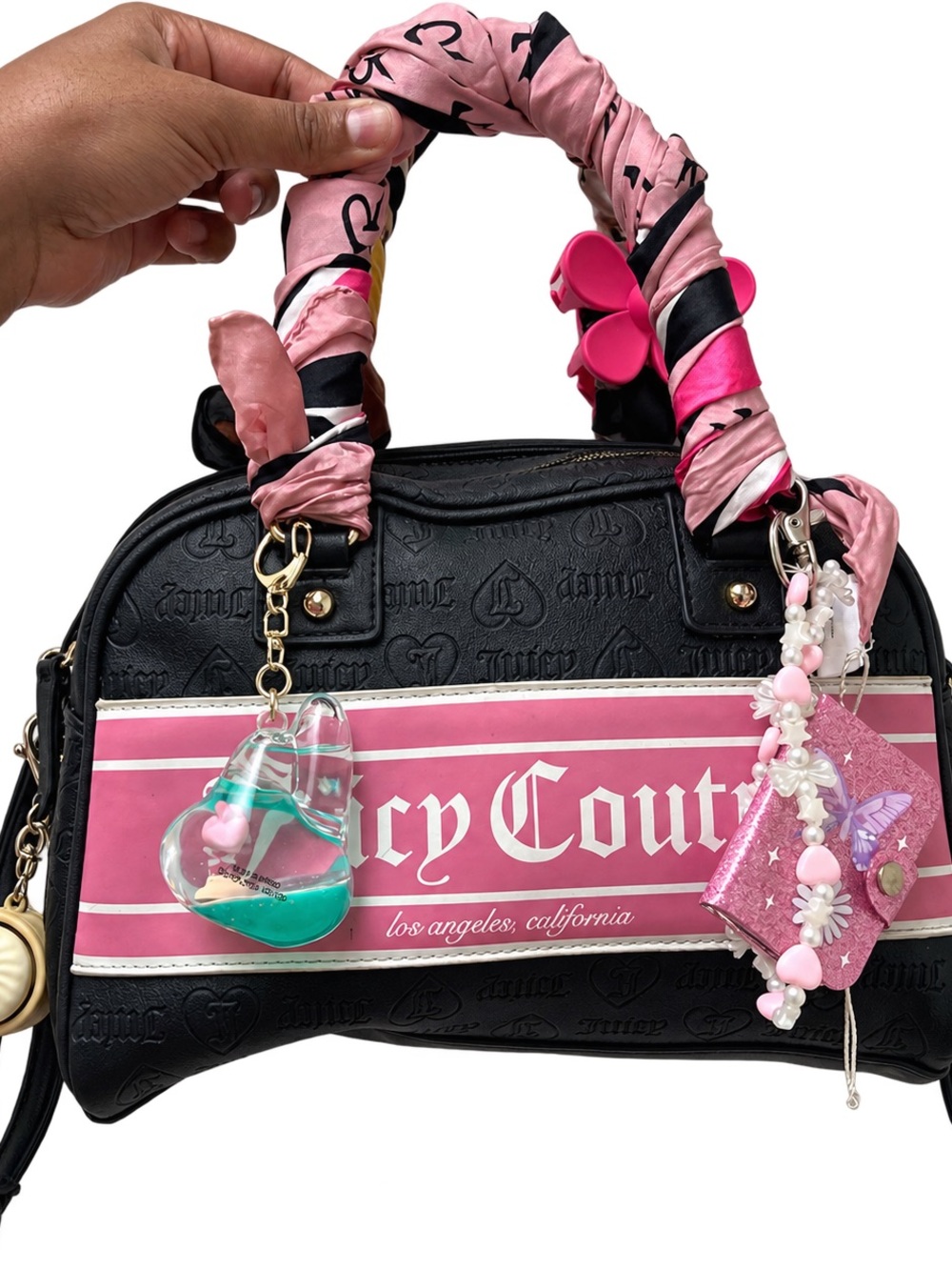Juicy Couture Black Satchel with Pink Logo Panel and Pink-Accented Handles